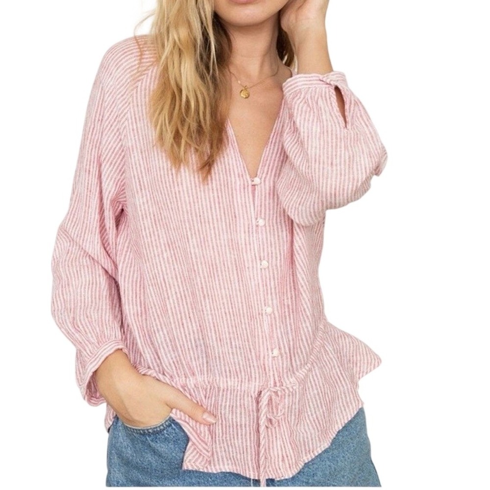 Rails Womens Marti Top L Red Stripe Long Sleeve Linen Blend Split Neck‎ Casual - Picture 1 of 8